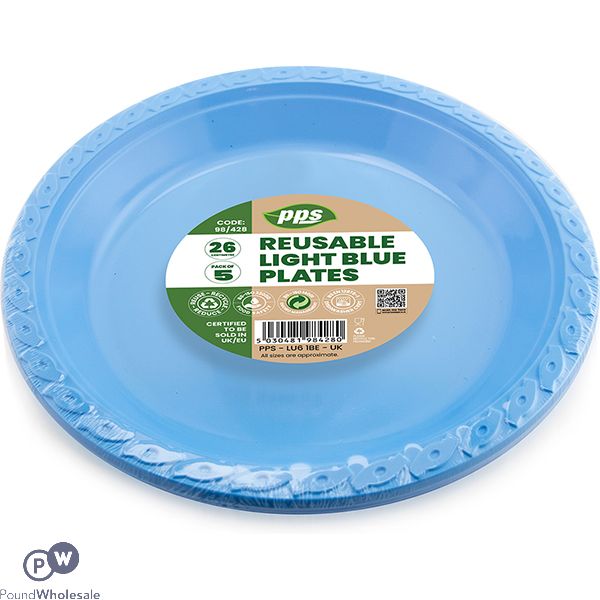 Light Blue Plastic Reusable Plates 26cm 5 Pack