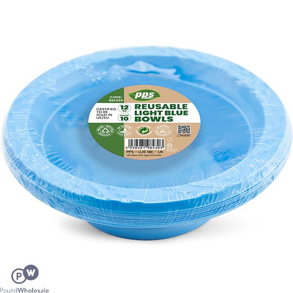 Light Blue Plastic Reusable Bowls 12oz 10 Pack