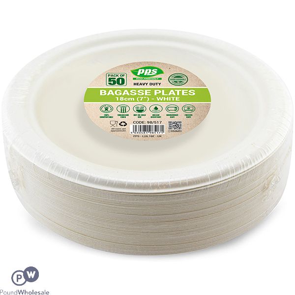 White Biodegradable Bagasse Plates 18cm 50 Pack