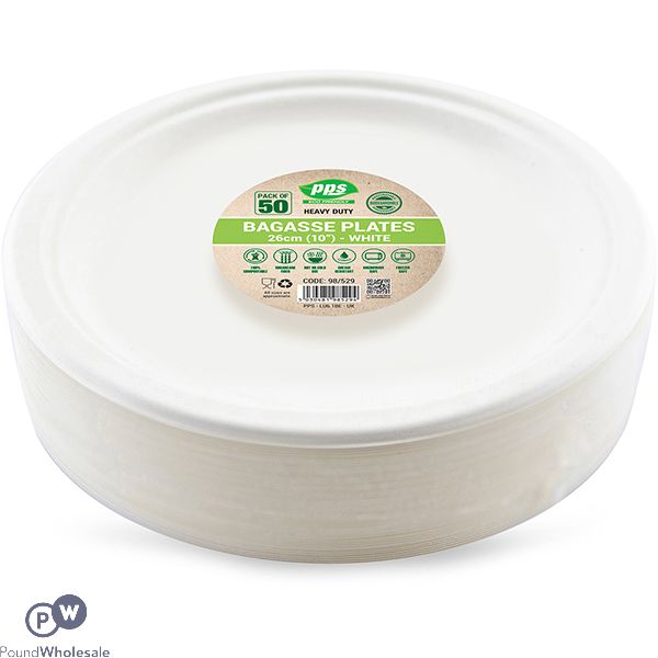 White Biodegradable Bagasse Plates 26cm 50 Pack