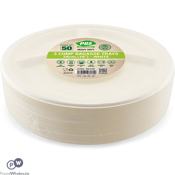 White Biodegradable Bagasse 3 Compartment Trays 26cm 50 Pack