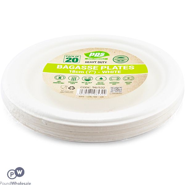 White Biodegradable Bagasse Plates 18cm 20 Pack