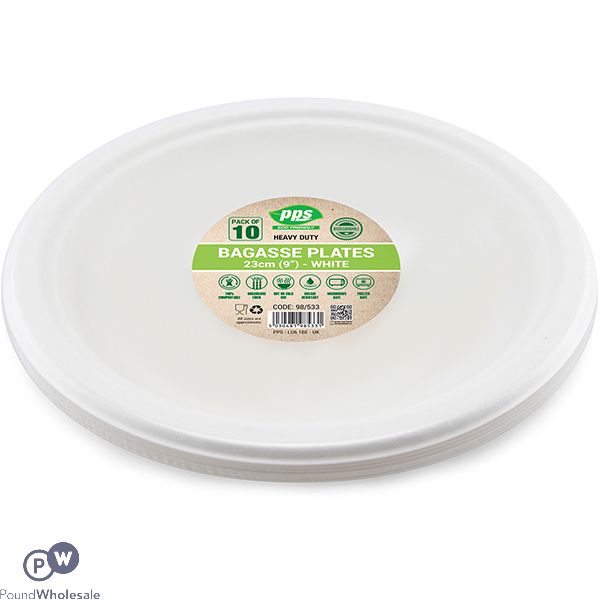 White Biodegradable Bagasse Plates 23cm 10 Pack