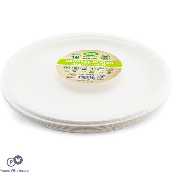 White Biodegradable Bagasse Plates 26cm 10 Pack