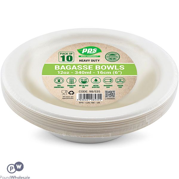 White Biodegradable Bagasse Bowls 340ml 16cm 10 Pack