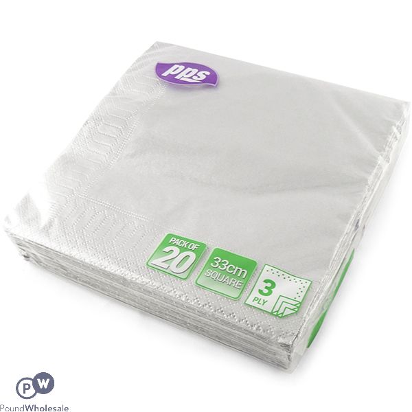 Silver 3 Ply Paper Napkins 33cm 20 Pack