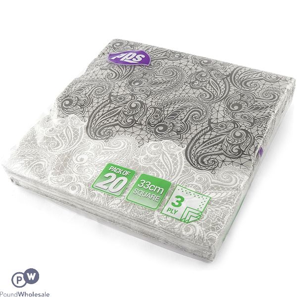 Black & White Paisley 3 Ply Paper Napkins 33cm 20 Pack