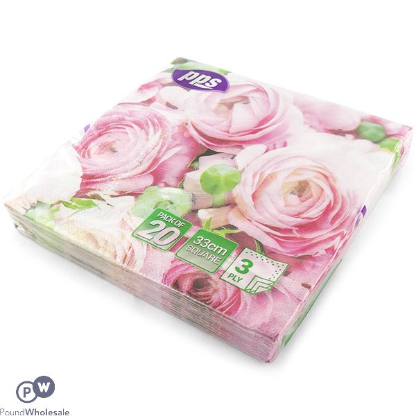 Pink Roses & Green Leaf 3 Ply Paper Napkins 33cm 20 Pack