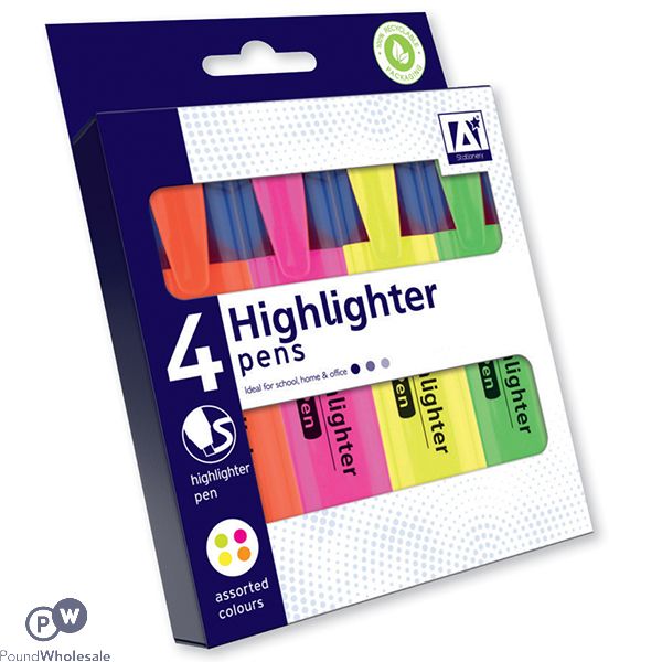 Highlighter Pens Assorted Colours 4 Pack