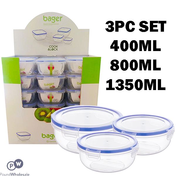 Bager Click & Lock Round Food Storage Container Set 3pc Cdu