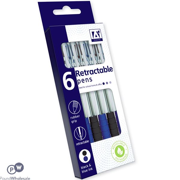 6 Black & Blue Retractable Pens Set
