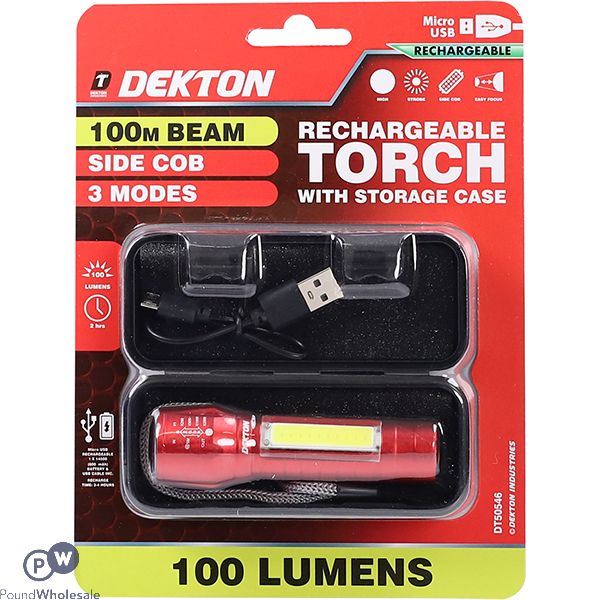 Dekton 100m Beam Rechargeable Torch with Storage Case