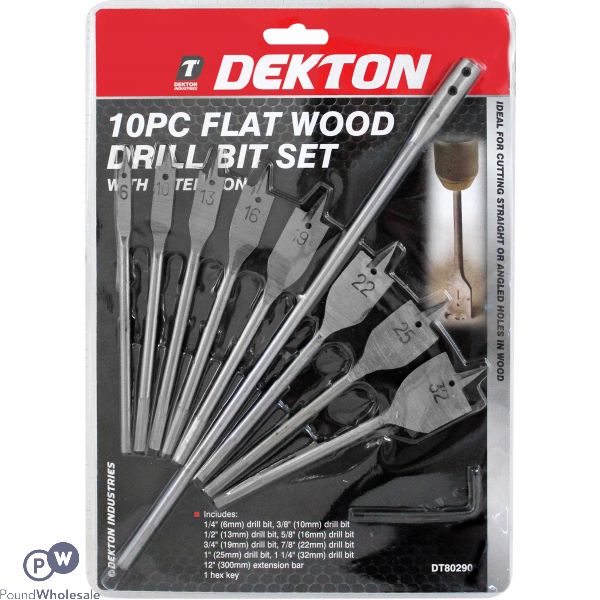 Dekton 10pc Flat Wood Drill Bit Set