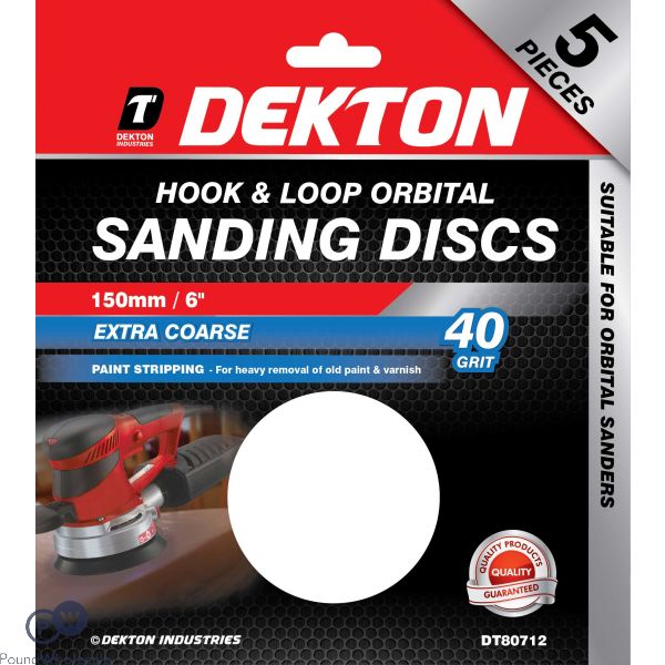 Dekton 150mm Hook & Loop 40 Grit Orbital Sanding Discs 5 Pack