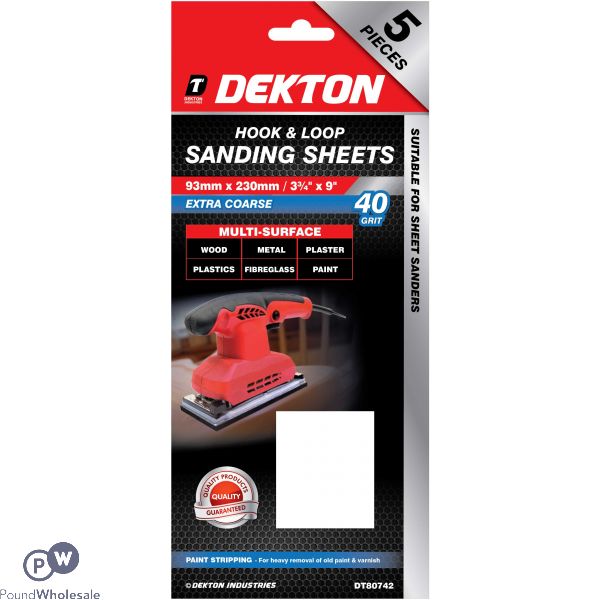 Dekton 93mm X 230mm Hook & Loop 40 Grit Sanding Sheets 5 Pack