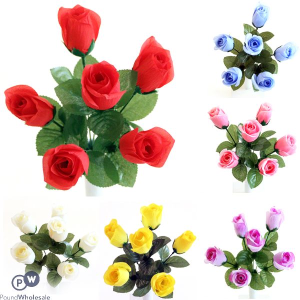 Rose Bud Bush Artificial Flower Stems 6pc Assorted Colours