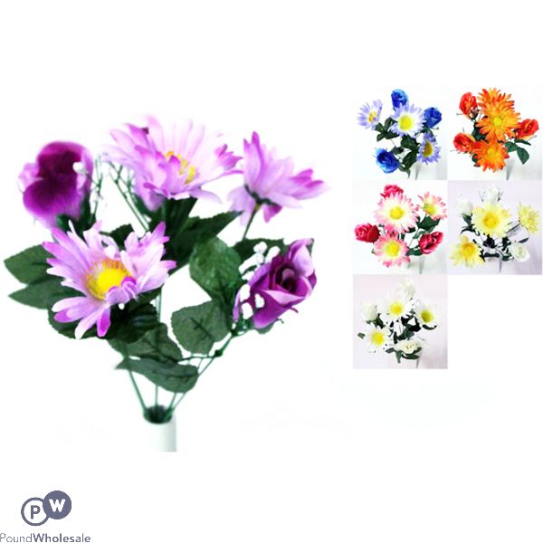 Gerbera & Rose Bud Bush Artificial Flowers Assorted Colours