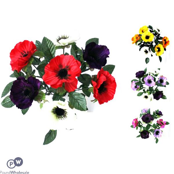 Anemone Bush Artificial Flower Stems 7pc Assorted Colours