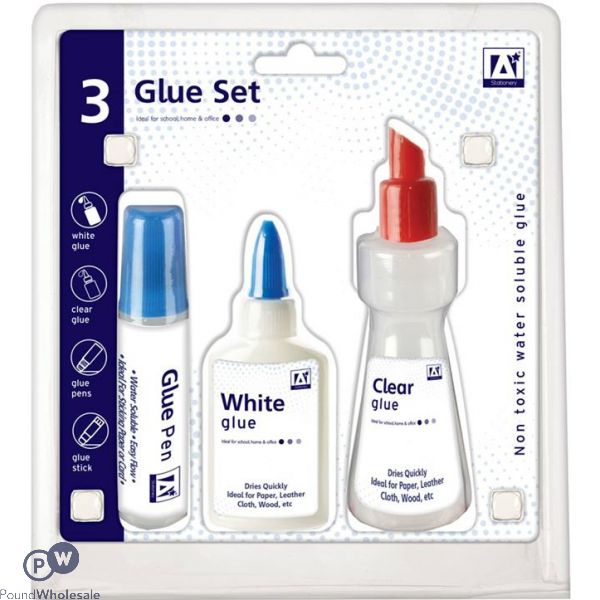 A* Stationery White & Clear Glue Set 3pc