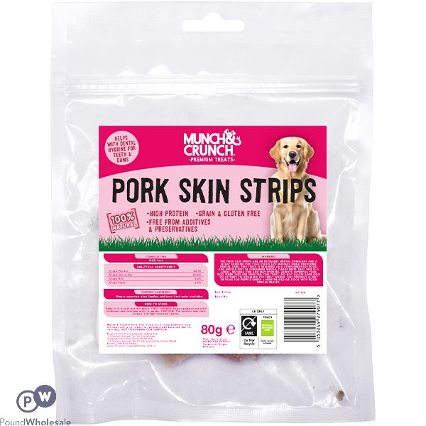 Munch & Crunch 100% Natural Pork Skin Strips Dog Treats 80g