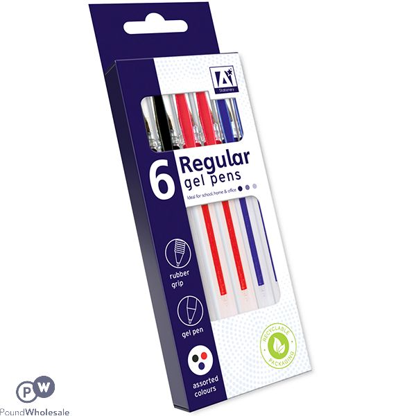 Regular Gel Pens Black, Red & Blue 6 Pack