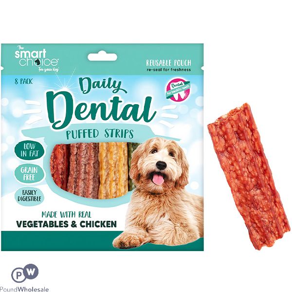 Smart Choice Vegetables & Chicken Dental Puffed Strips Dog Treats 96g 8 Pack