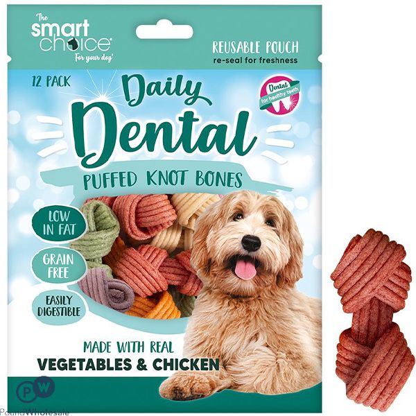 Smart Choice Vegetables & Chicken Dental Puffed Knot Bones Dog Treats 60g 12 Pack