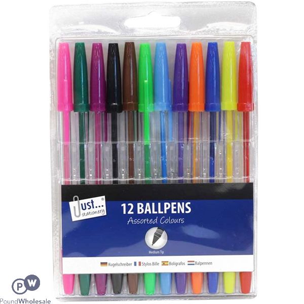 Just Stationery Multicoloured Ballpoint Pens 12 Pack