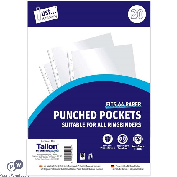 Just Stationery Universal Clear Punched Pockets 20 Pack