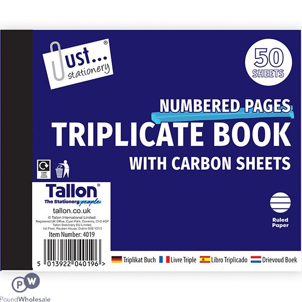 Just Stationery Numbered Ruled Carbon Triplicate Book 50 Sheets