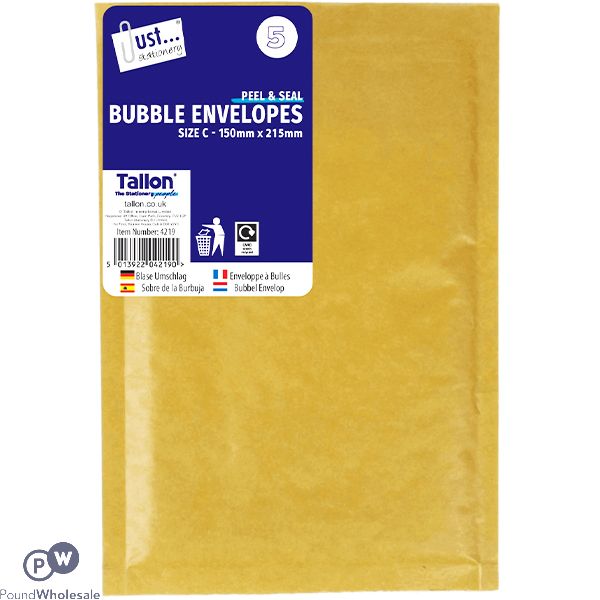 Just Stationery Size C Peel & Seal Bubble Envelopes 150mm X 215mm 5 Pack