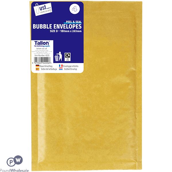 Just Stationery Size D Peel & Seal Bubble Envelopes 180mm X 265mm 4 Pack