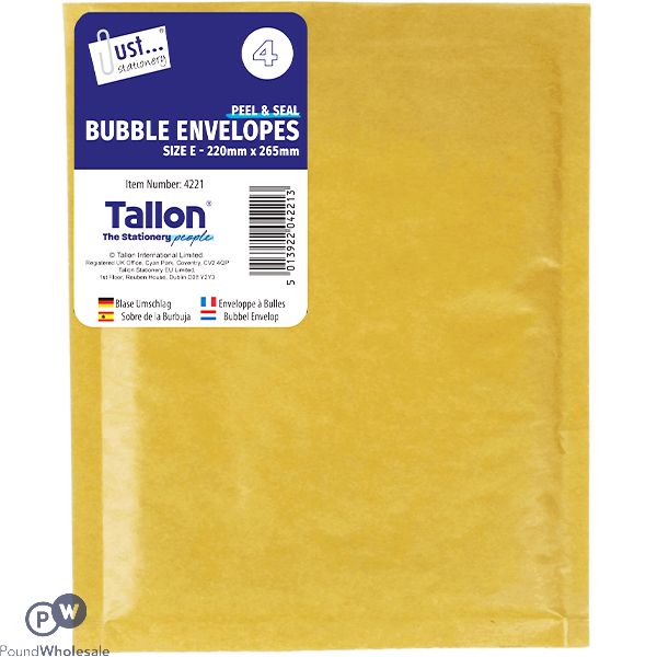 Just Stationery Size E Peel & Seal Bubble Envelopes 220mm X 265mm 4 Pack