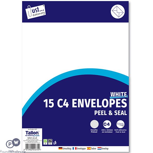 Just Stationery C4 White Peel & Seal Envelopes 15 Pack