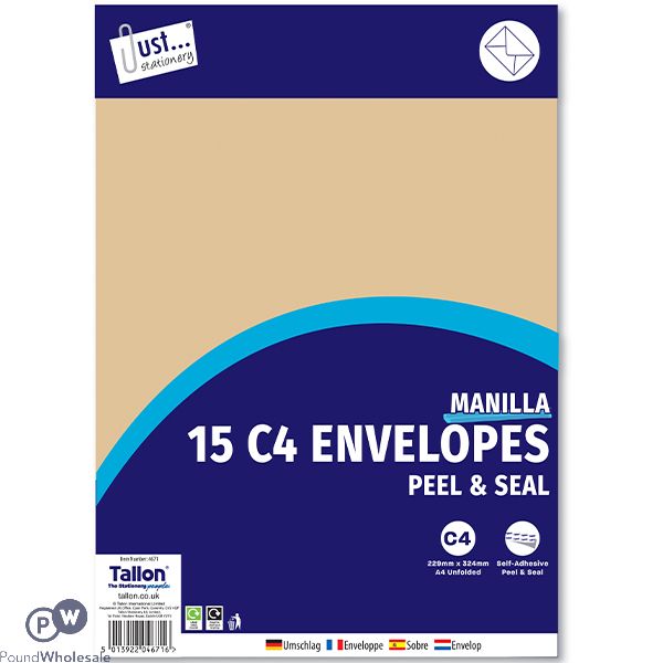 Just Stationery C4 Manilla Peel & Seal Envelopes 15 Pack