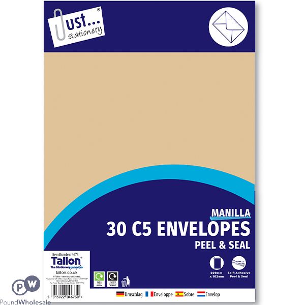 Just Stationery C5 Manilla Peel & Seal Envelopes 30 Pack