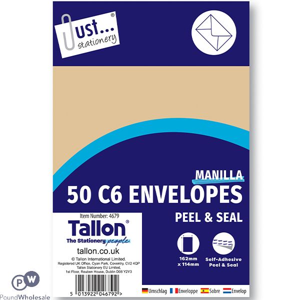 Just Stationery C6 Manilla Peel & Seal Envelopes 50 Pack