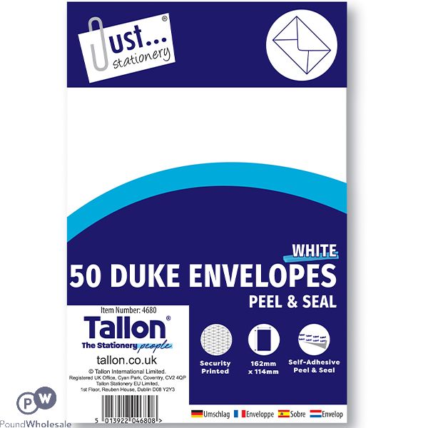 Just Stationery White Peel & Seal Duke Envelopes 162mm X 114mm 50 Pack