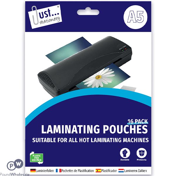 Just Stationery A5 16 Micron Laminating Pouches 16 Pack