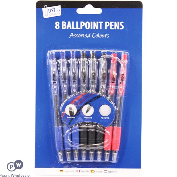 Just Stationery Assorted Colour Retractable Ballpoint Pens 8 Pack