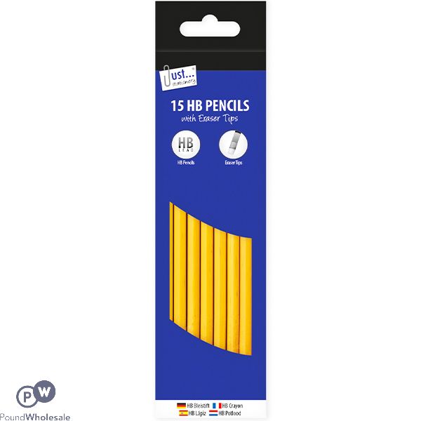 Just Stationery Eraser Tipped HB Pencils 15 Pack
