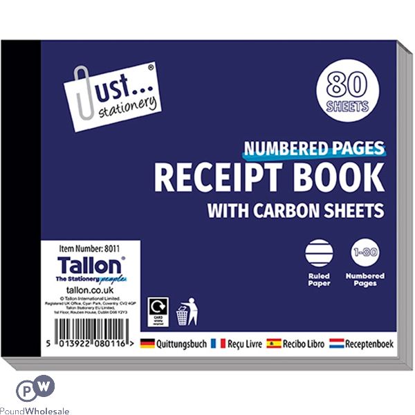 Just Stationery Receipt Book 80 Numbered Pages