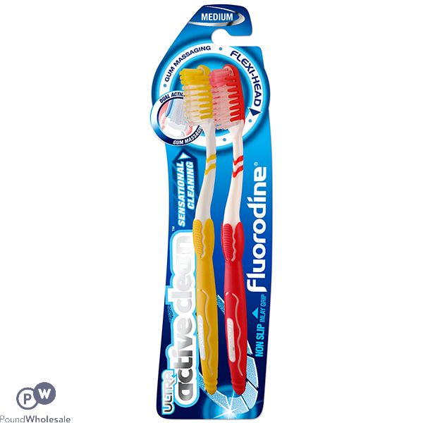 Fluorodine Medium Ultra Active Clean Gum Massaging Toothbrushes 2 Pack