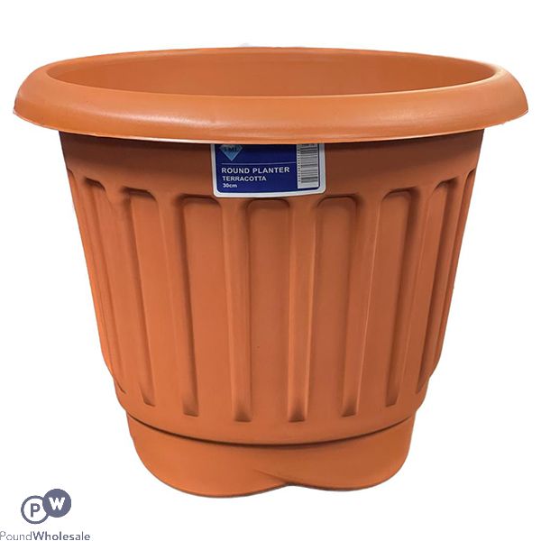 Round Ribbed Plastic Planter Terracotta 30cm