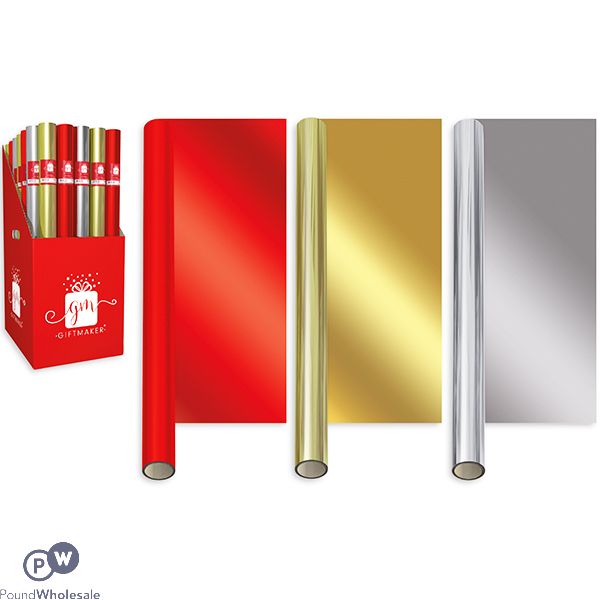 Giftmaker Christmas Plain Foil Gift Wrap 1.5m 3 Colours 50pc