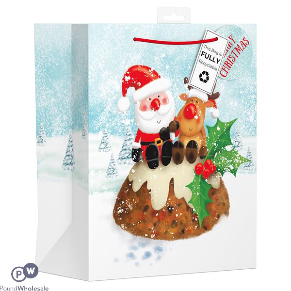 Giftmaker Santa & Reindeer Christmas Pudding Gift Bag Large