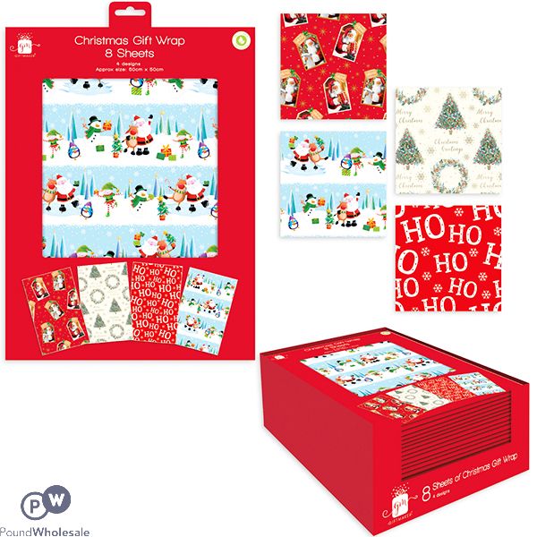 Giftmaker Christmas Flat Gift Wrap 8 Pack 50cm X 50cm