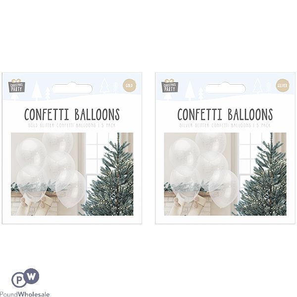 Christmas Gold & Silver Glitter Confetti Balloons 5 Pack 
