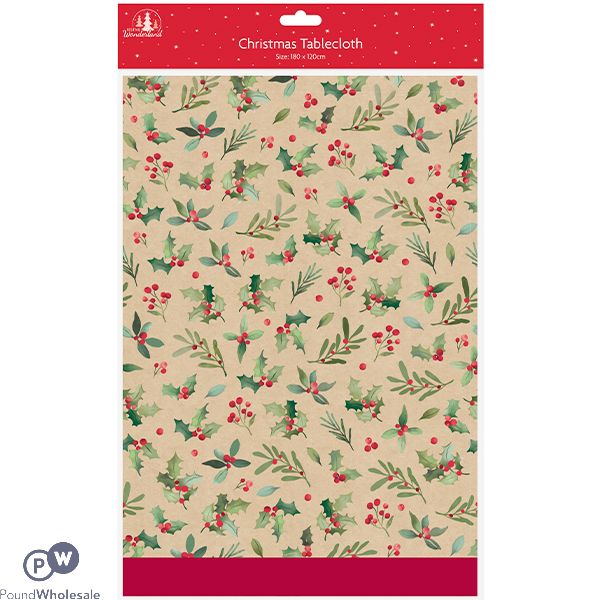 Festive Wonderland Christmas Holly Paper Tablecloth 180 X 120cm