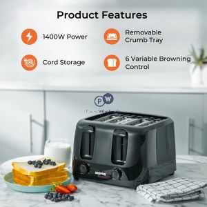 Geepas Black 4-slice 6 Level Bread Toaster 1400w